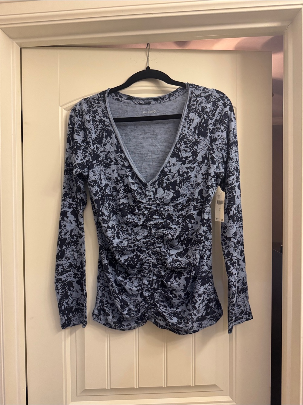 Anthropologie Pilcro Blue and Black Floral Ruched V-Neck Long Sleeve Top, M